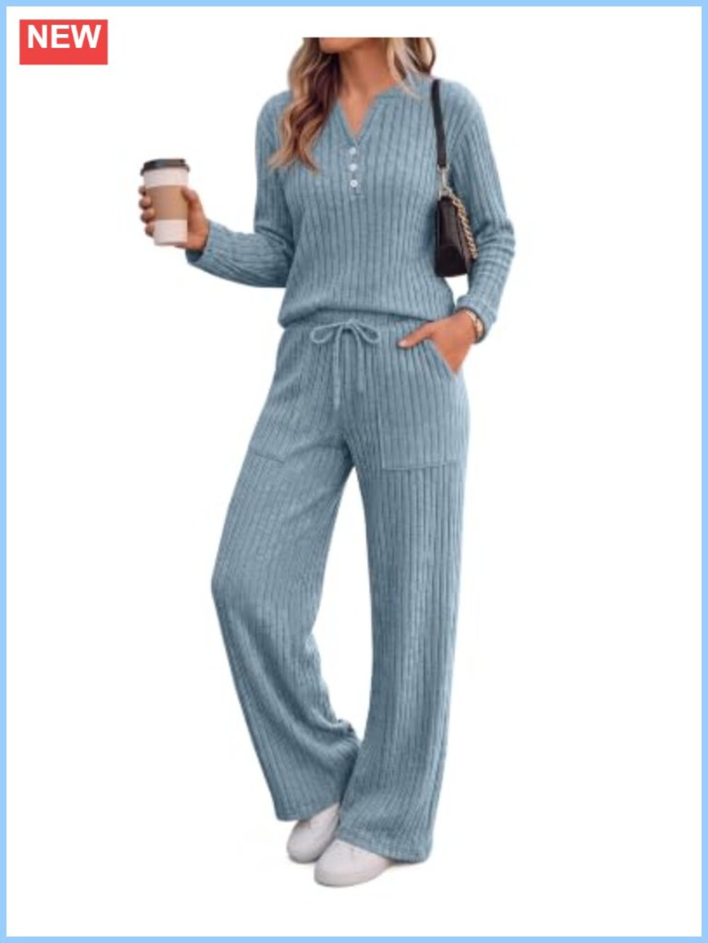 Ribbed Knit Lounge Set Long Sleeve Henley Top Wide Leg Pants 2 Piece